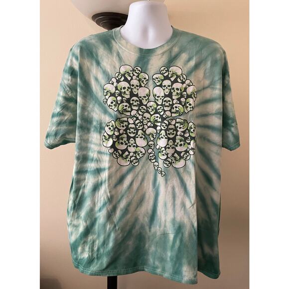 LUCKY Skull Clover Leaf Mens 2XL Tie-dye Green Short Sleeve T-Shirt - Picture 3 of 11